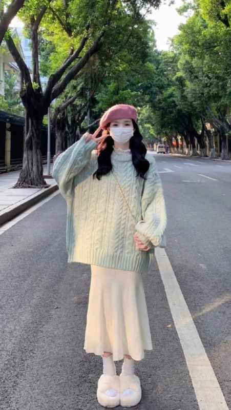 圓領加厚麻花毛衣女秋冬寬鬆外穿慵懶風設計感小眾保暖針織衫上衣