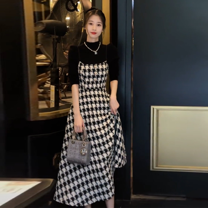 法式小香高級感長袖吊帶連衣裙子女早秋季2023新款長裙搭配一整套