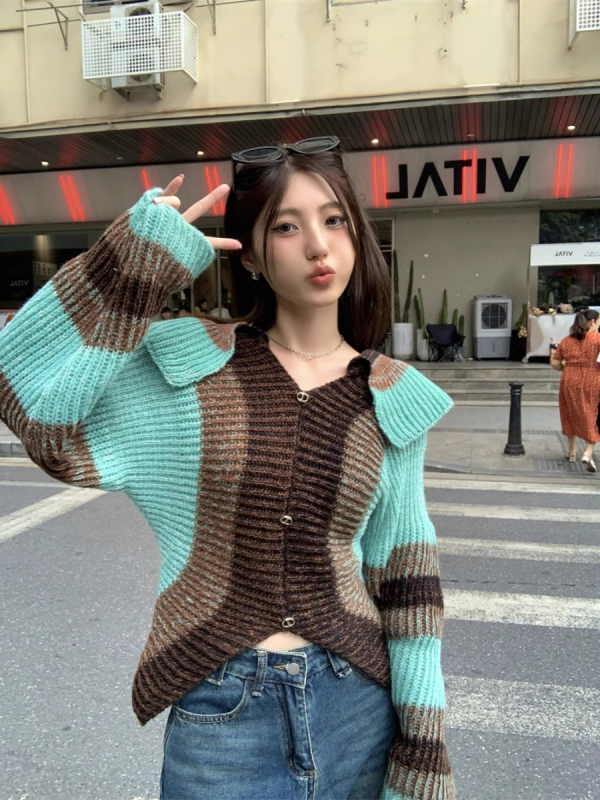 撞色減齡娃娃領毛衣女秋裝胖MM顯瘦百搭馬海毛針織上衣