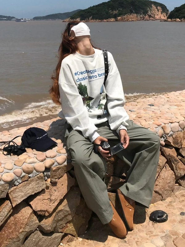 美式復古灰色衛衣女秋冬創意印花加絨長袖oversize寬鬆情侶上衣潮
