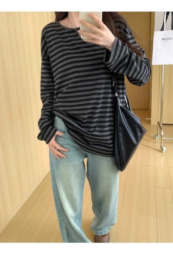 织条拉架 韩版休闲条纹慵懒风长袖t恤女简约