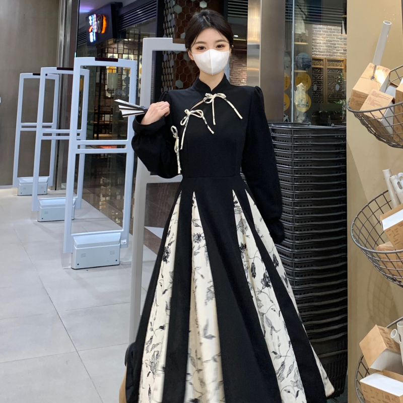 2023秋季大碼女裝新中式國風復古改良旗袍碎花拼接赫本風連衣裙女