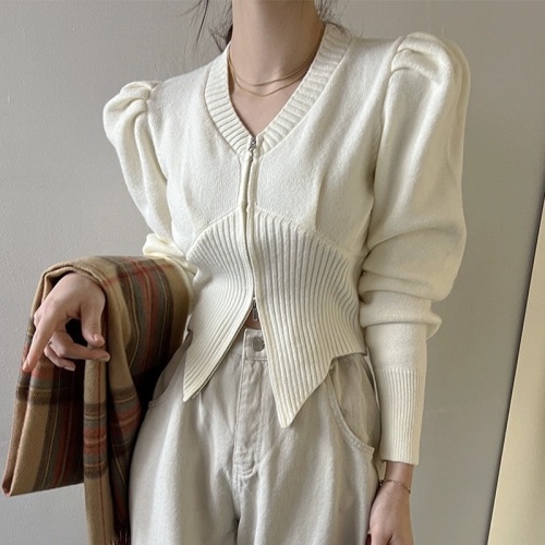 韩国chic春季复古小众圆领拉链设计修身显瘦泡泡袖针织衫毛衣