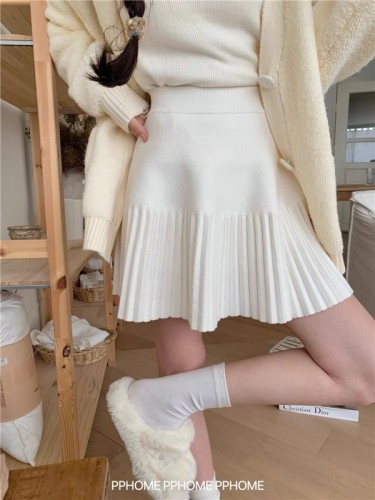 Pleated knitted skirt, super correct version, 2023 autumn and winter knitted skirt, versatile A-line skirt for women