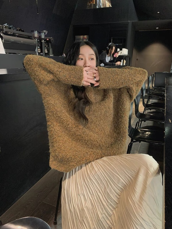 任小藝老錢風復古套頭花色毛衣女秋冬外穿寬鬆慵懶風軟糯針織上衣