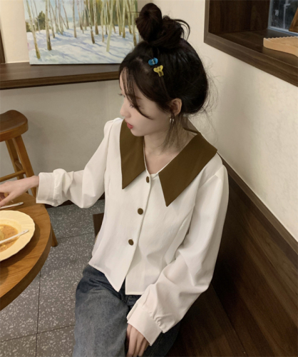 实拍 韩版新款翻领插色白色泡泡袖蓝色衬衫设计感小众法式上衣女