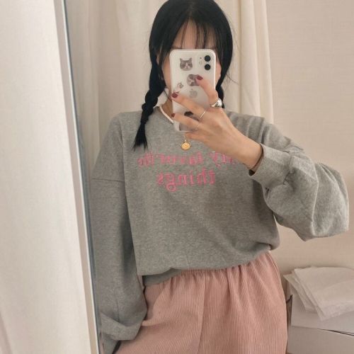 韩国ins 秋冬 气质 粉色 刺绣 字母 加绒卫衣
