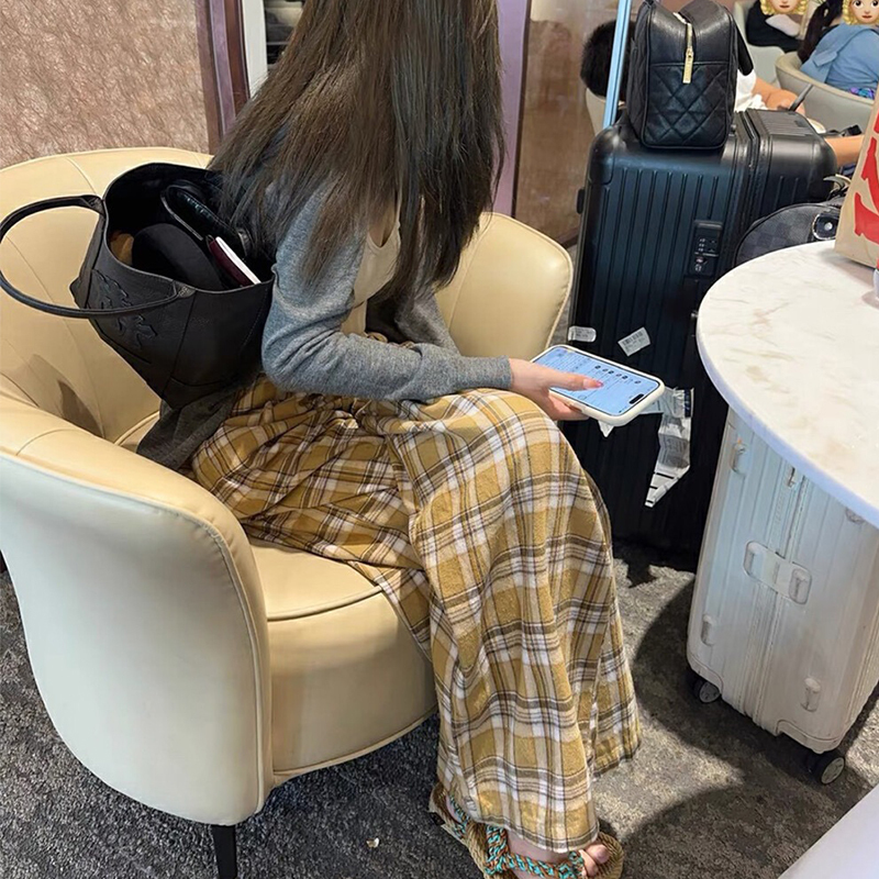 慵懶風黃色格子褲子女秋冬季2023年新款復古高腰拖地闊腿顯瘦長褲
