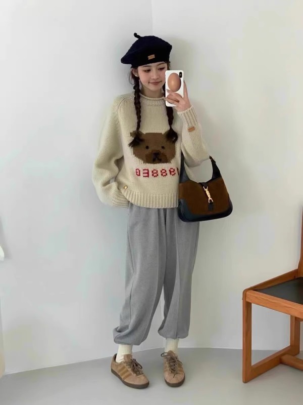 egg現~韓國東大門2023秋冬女可愛卡通小熊厚實套頭羊毛針織衫毛衣