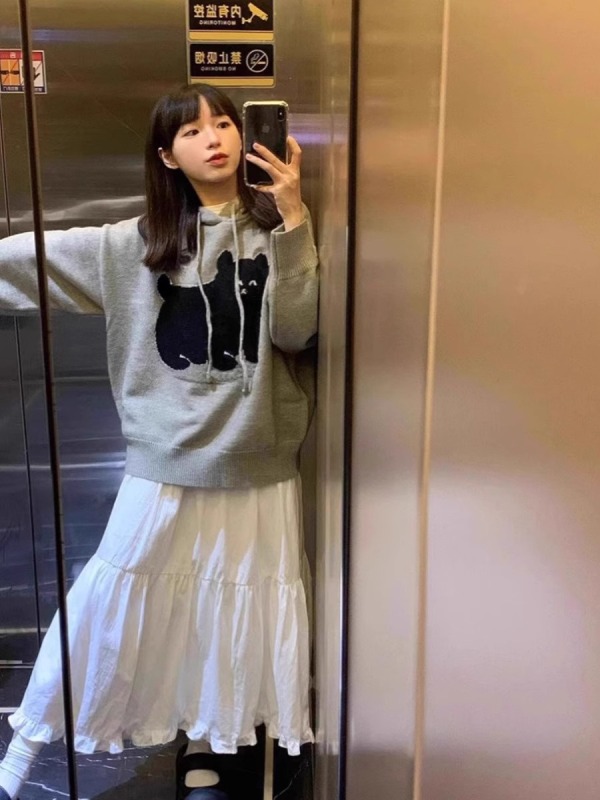 灰色小狗連帽毛衣女春秋冬寬鬆外穿慵懶風設計感小眾套頭針織上衣