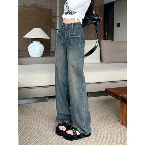 实拍-高腰阔腿牛仔裤女秋季新款直筒宽松显瘦垂感拖地裤子