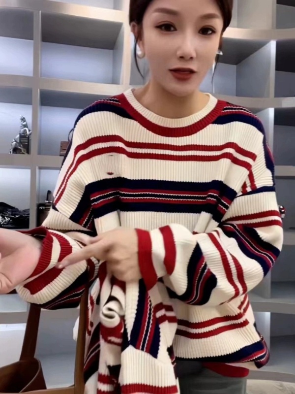 歐貨大版圓領撞色條紋毛衣女2023秋冬新款笑臉寬鬆慵懶風針織上衣