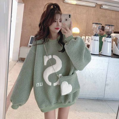 Free bag 2023 autumn and winter sweatshirt for women plus velvet and thickened autumn and winter lazy style mid-length lamb plush