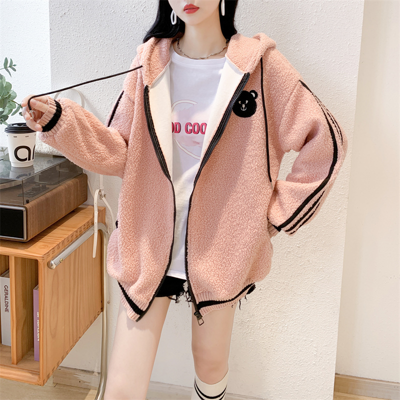 實拍 冬季韓版寬鬆泰迪絨連帽卡通刺繡開衫中長款大碼加絨外套女