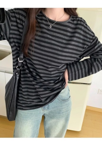 织条拉架 韩版休闲条纹慵懒风长袖t恤女简约