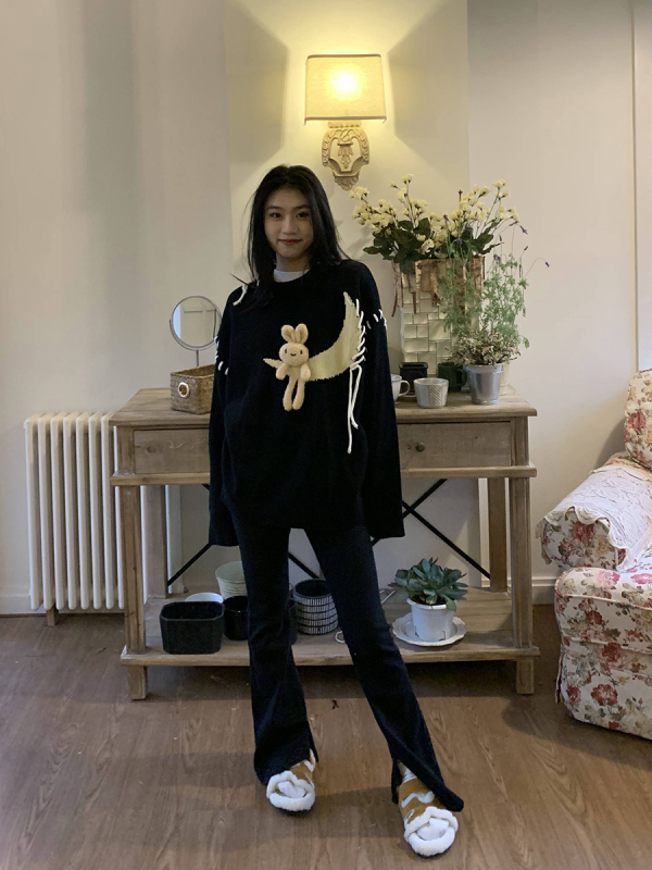 橘子樹在哪兒甜美可愛小兔子裝飾毛衣女2023春設計感寬鬆針織上衣