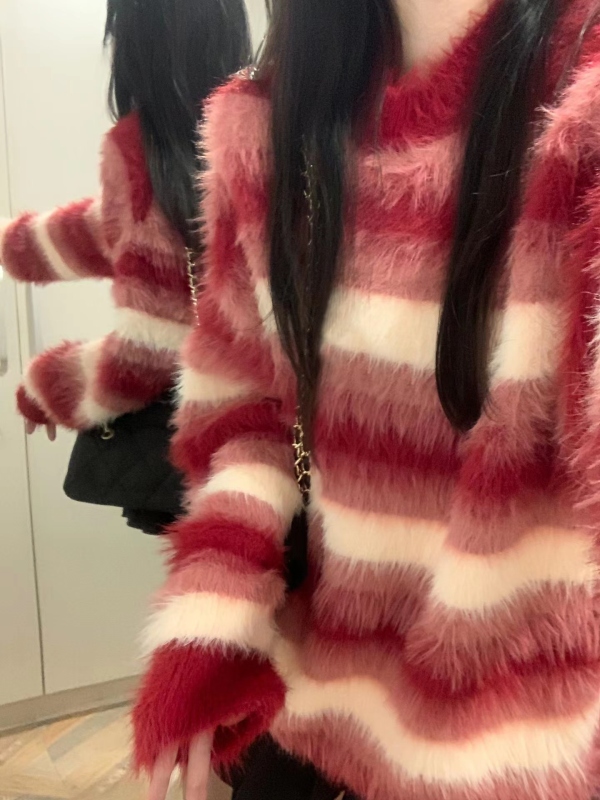 兔年新年紅色條紋毛衣女秋冬2023寬鬆慵懶風氛圍感過年衣服針織衫