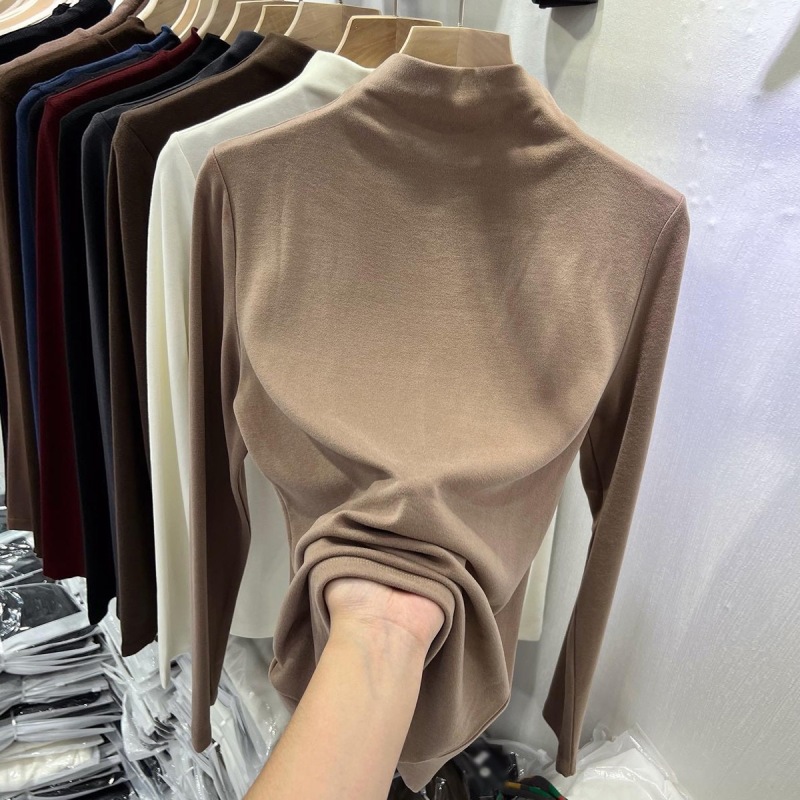 官方圖德絨半高領打底衫女秋冬季洋氣內搭緊身中領加絨磨毛上衣