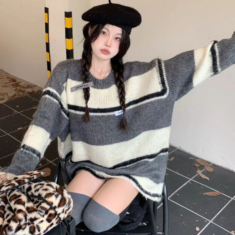 大碼女裝胖妹妹mm時尚復古撞色套頭條紋毛衣秋冬外穿寬鬆針織上衣