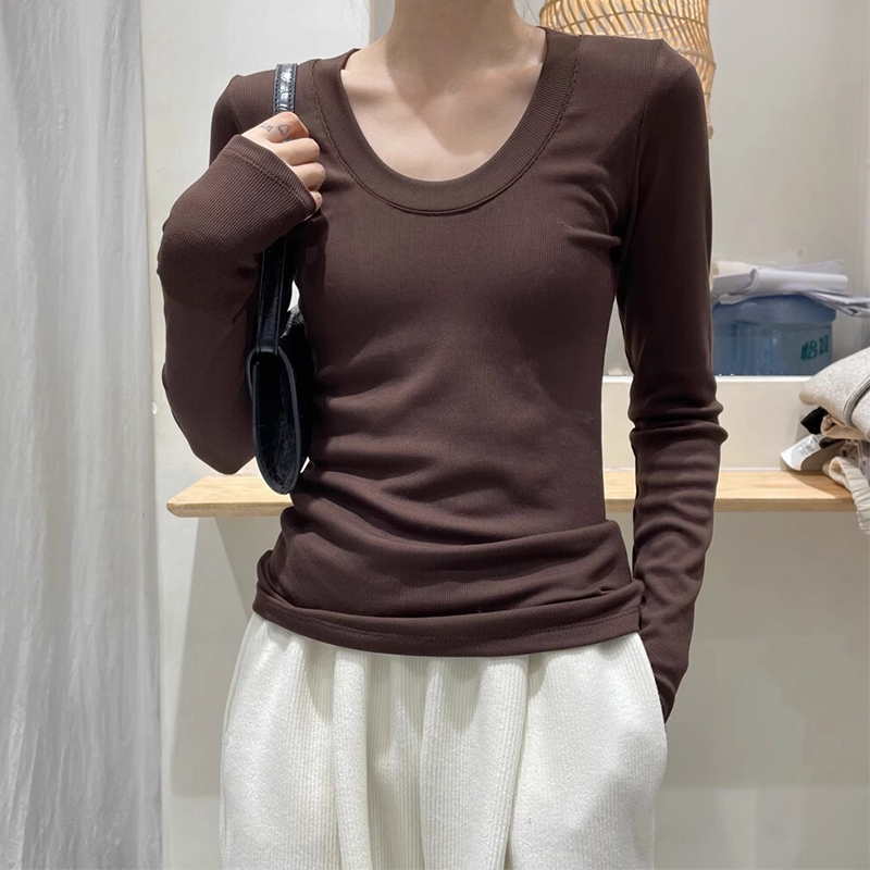 螺紋U領長袖t恤女黑色打底衫春秋2023新款修身純色內搭上衣潮低領
