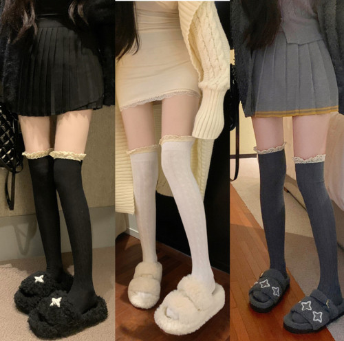 实拍长筒袜女秋冬日系JK黑色大腿袜保暖白色过膝袜蕾丝高筒袜