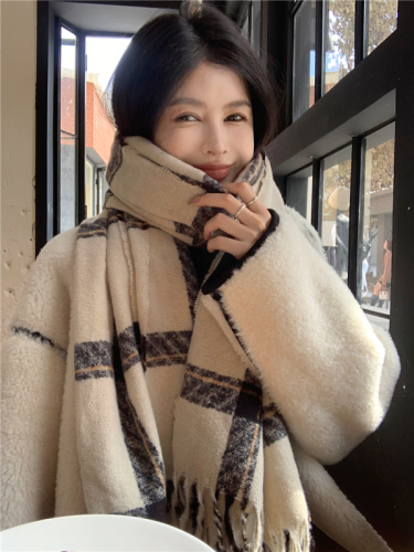 实拍 新款格子围巾女冬季韩版复古高级感百搭保暖围脖女