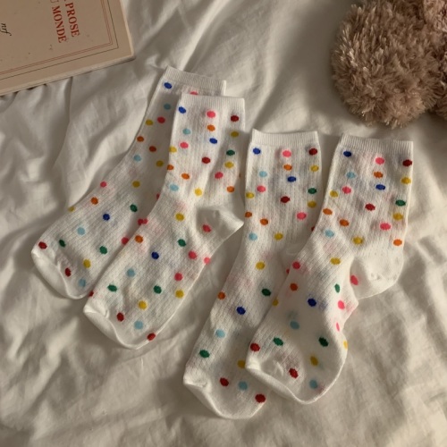 Actual shot of Korean style polka-dot fungus-edged mid-calf socks, breathable and versatile, stacked socks for women, 4 pairs