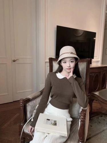 Wuuus Jennifer Garden Doll Collar Contrast Color Wool Sweater Women's 2023 Autumn New Polo Sweater