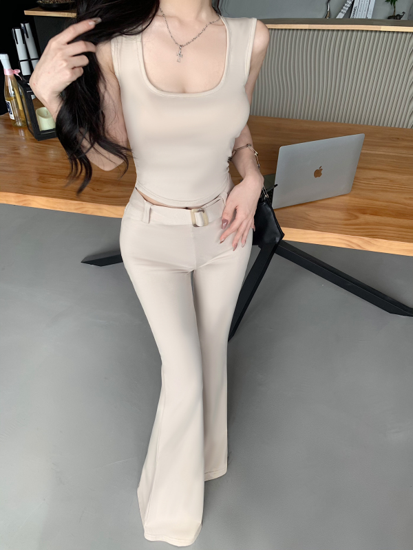 Real shot, real price, square collar short vest top, high waist belt, casual flared trousers two-piece set