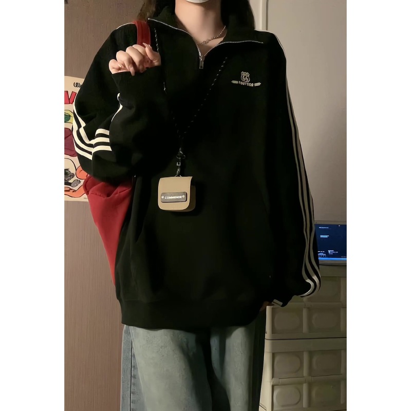 Chinese cotton composite milk silk/really super American retro POLO collar sweatshirt for women INS Korean style loose top