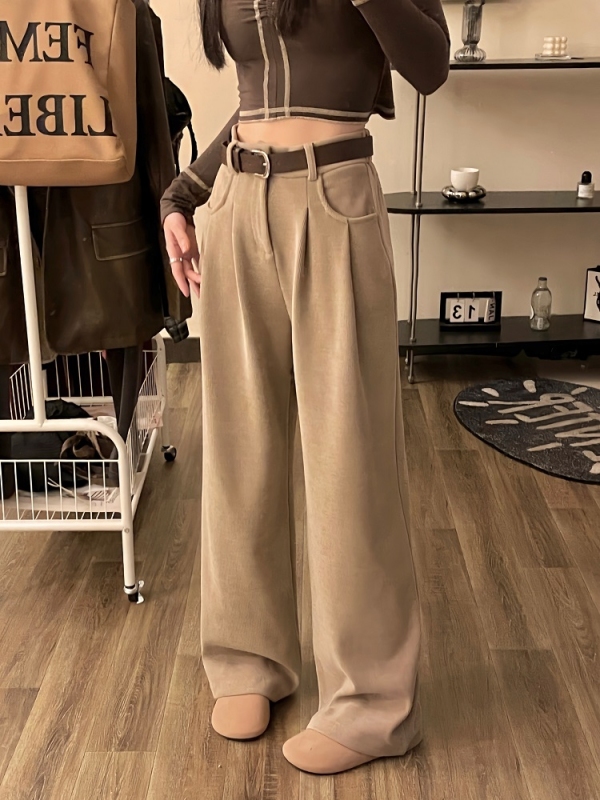 復古黑色休閒褲女垂感直筒褲長褲秋季高腰寬鬆闊腿褲顯瘦咖色褲子