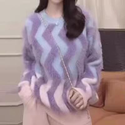 名媛拼色波浪條紋毛衣女年冬季新款高級感加厚長袖套頭針織衫