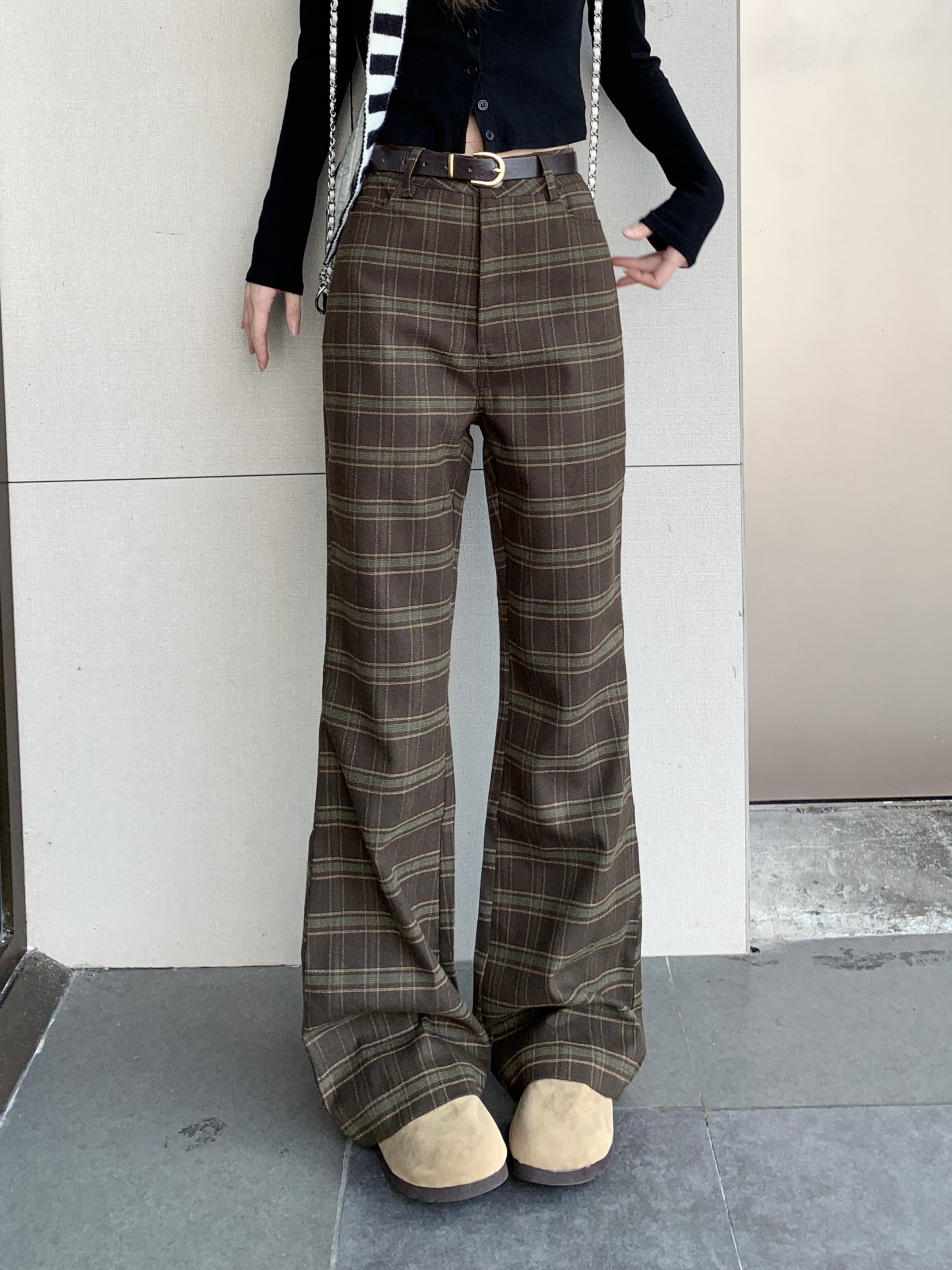 復古風格紋微喇褲休閒褲女春秋季高腰喇叭褲垂感拖地褲子潮