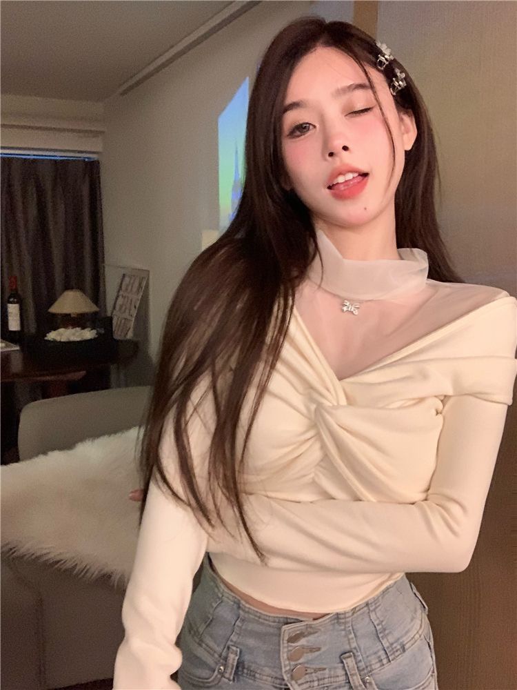 德絨辣妹網紗拼接針織打底衫女春季小眾長袖上衣
