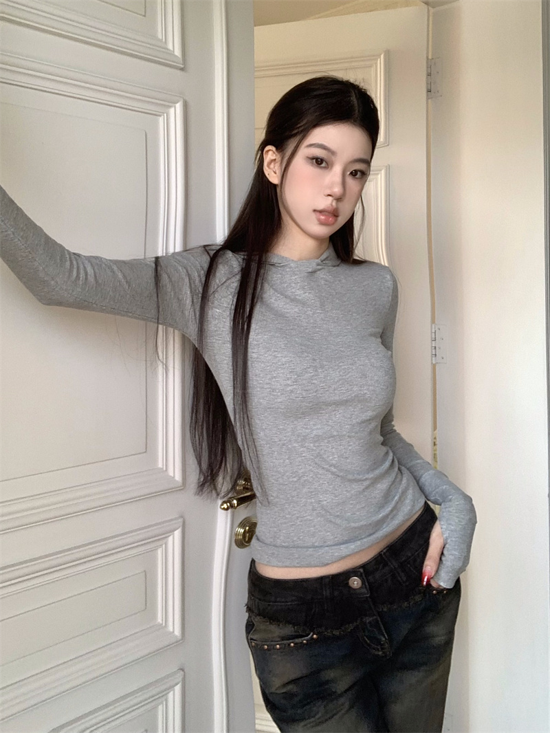 實拍 新款~美式復古顯瘦辣妹連帽長袖T恤上衣