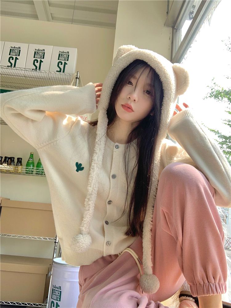 實拍~甜美刺繡仙人掌毛衣開衫外套女+高腰束腳衛褲套裝潮