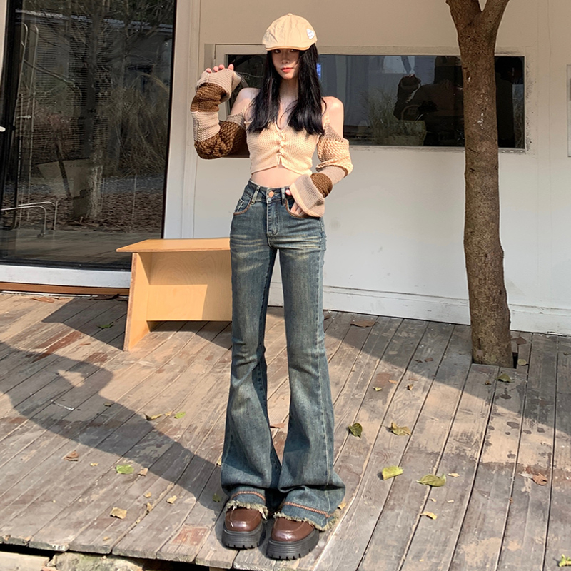 實拍2023秋冬季時尚美式復古微喇牛仔女