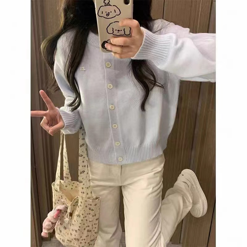 Blue cardigan sweater jacket for women 2023 new autumn style gentle style simple knitted sweater high-end soft waxy top