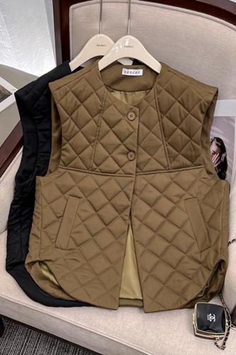 Diamond Check Down Cotton Vest Women's 2023 Spring and Autumn Outerwear Short Sleeveless Thin Waistcoat