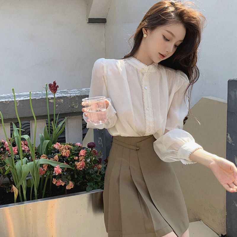 White long-sleeved shirt for women in spring and autumn new style small loose puff sleeve top high-end temperament shirt