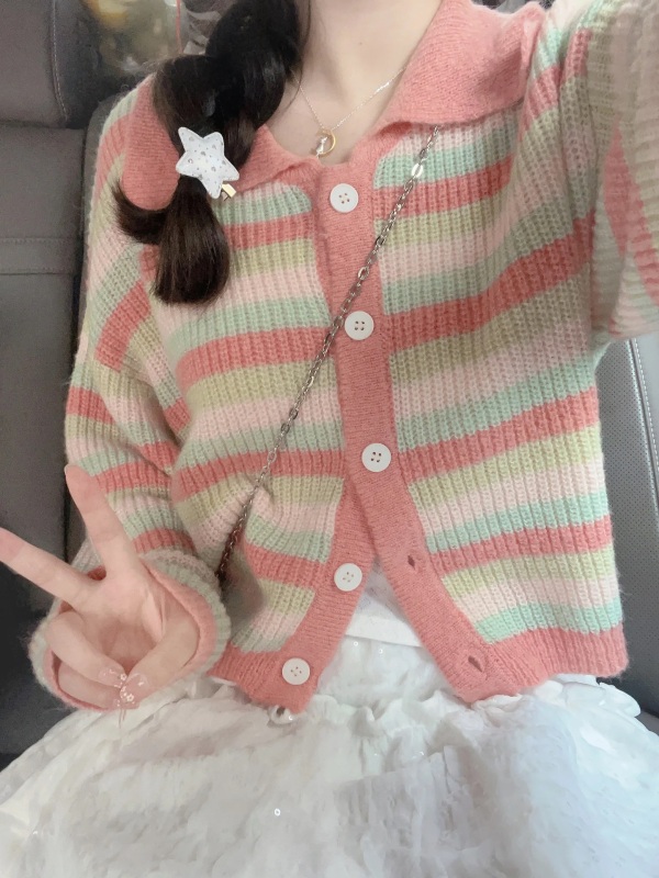 日系甜美馬海毛短款條紋針織開衫2023新款女裝小個子春秋毛衣外套