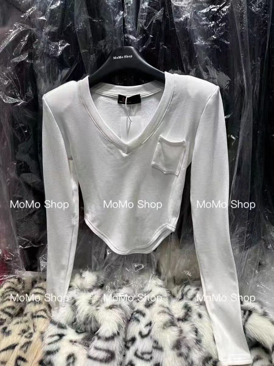 Irregular short shoulder-padded long-sleeved V-neck bottoming brushed thickened slim-fit stretch top for women 2023 winter new style