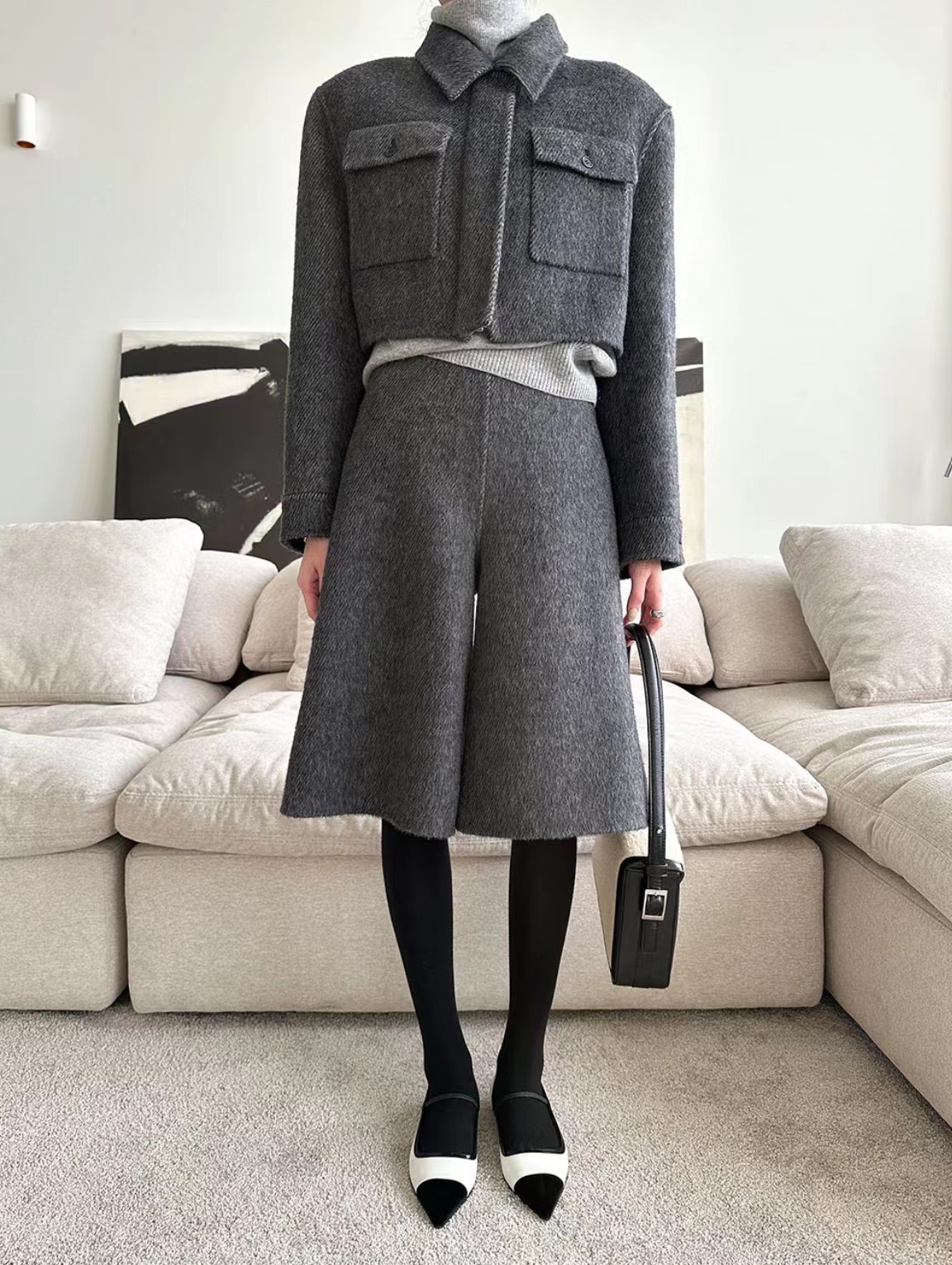 Korean chic winter new French style lapel long-sleeved jacket + high-waisted wide-leg pants suit