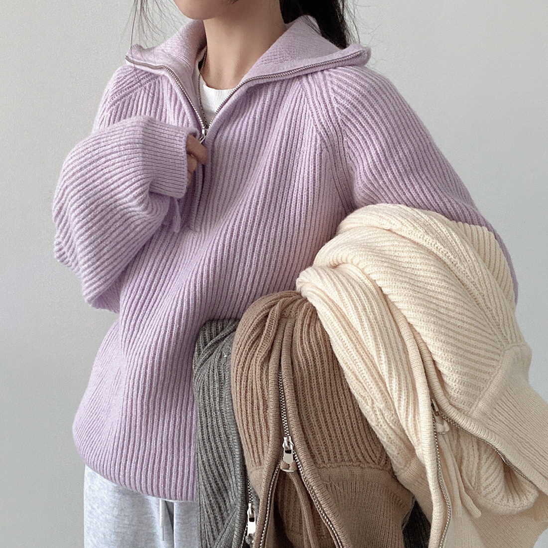韓國chic慵套頭毛衣設計款拉鏈高領保暖長袖針織衫女