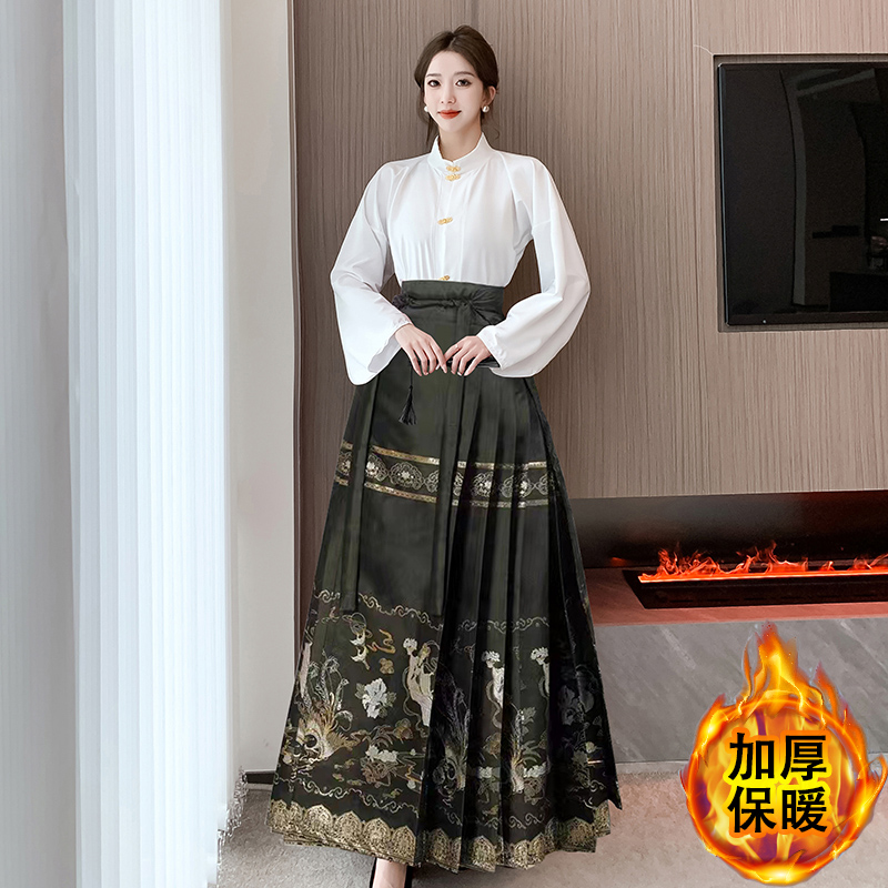實拍 2023秋冬馬面裙套裝裙新中式國風女改良日常加厚襯衣半身裙
