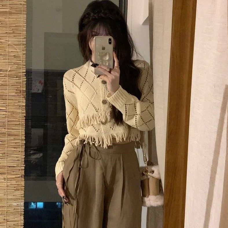 復古時尚流蘇開衫女潮杏色針織外套上衣初秋新款純欲氣質毛衣仿棉