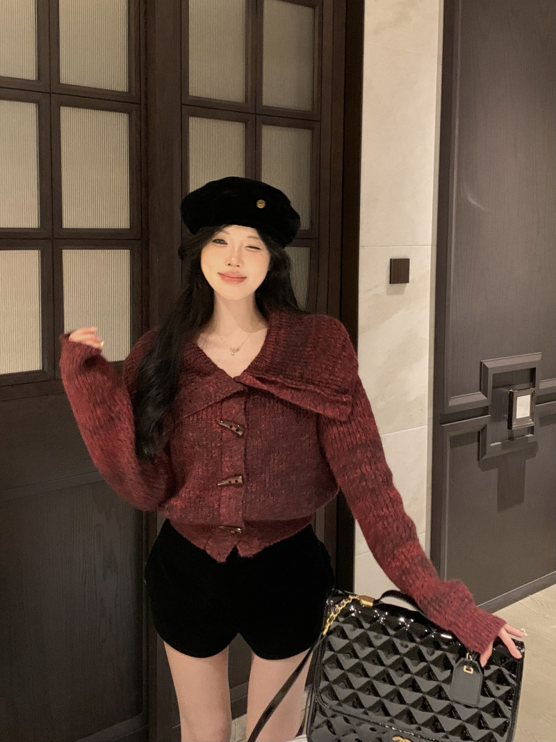 實拍~慵懶風翻領毛衣外套軟糯針織衫牛角扣毛線衣開衫外穿