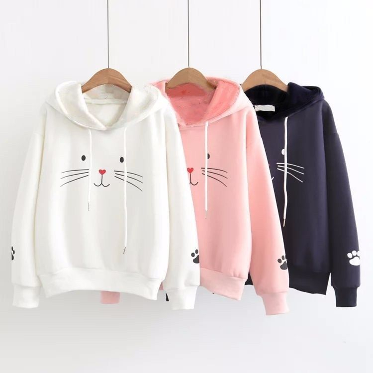 加絨衛衣女學生2023秋冬韓版寬鬆套頭連帽繡花貓咪班服百搭閨蜜裝