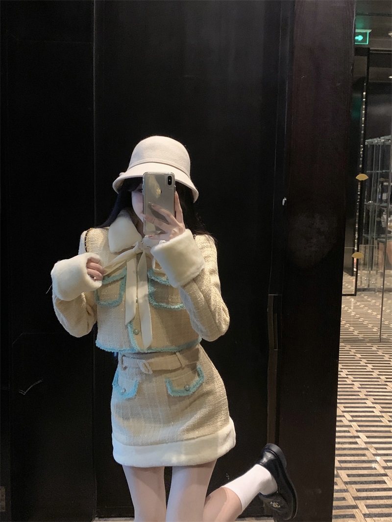 實拍雪松奶酪 千金小香風可拆卸毛領袖套半身裙名媛兩件套