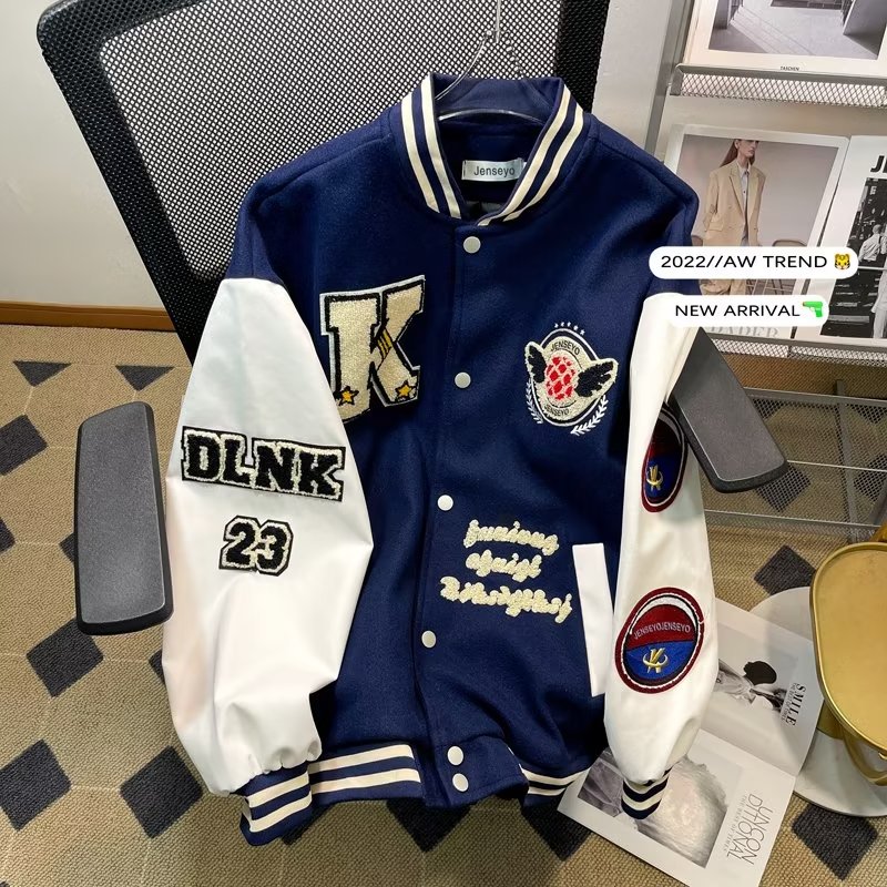日系毛呢拼皮毛巾繡棒球服夾克男女高街潮牌寬鬆情侶秋裝運動外套